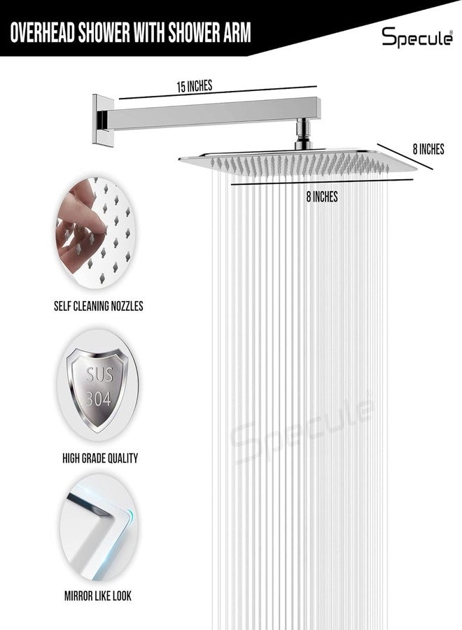Specule Donald Series 3-in-1 Wall Mixer Set | Pure Brass Bathroom Mixer with 8x8 Inch Overhead Rain Shower, Multi-Flow Hand Shower & 1.5m Hose Pipe | Chrome Finish | Complete Shower System - Image 5